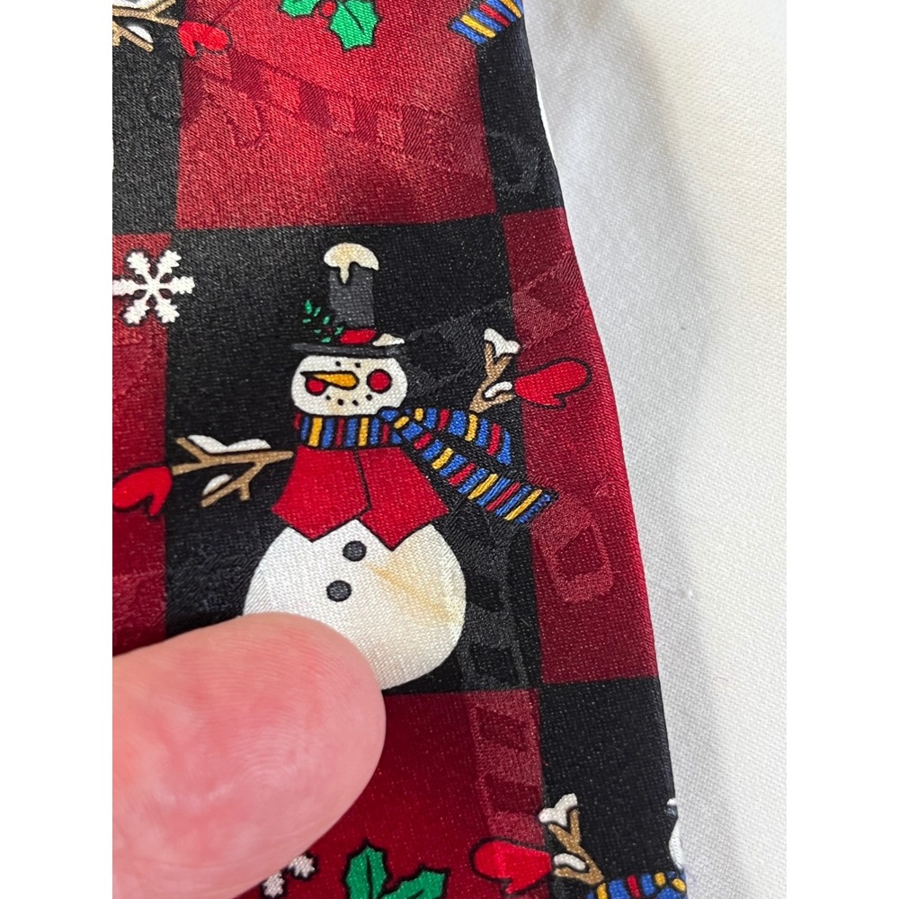 Hallmark Yule Tie Greetings Necktie Mens OS Red Black Excellent Silk Snowman - Picture 9 of 10